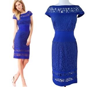 TADASHI SHOJI Blue Lace & Pintuck Bateau Neckline Sheath Dress Sz 10 Cocktail